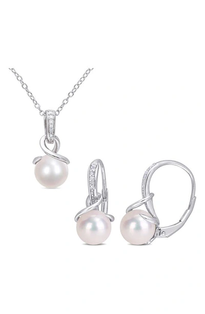 Delmar Cultured Freshwater Pearl & Diamond Necklace & Drop Earrings Set In White