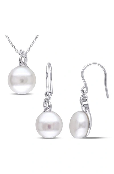 Delmar Pavé Diamond & Cultured Freshwater Pearl Necklace & Earrings Set In White