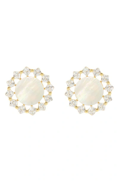 Argento Vivo Sterling Silver Crystal Halo Mother Of Pearl Stud Earrings In Gold