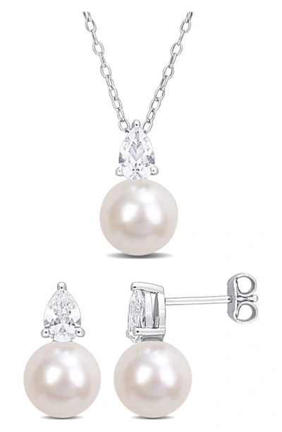Delmar Cultured Freshwater Pearl & Lab Created Sapphire Necklace & Stud Earrings Set In White