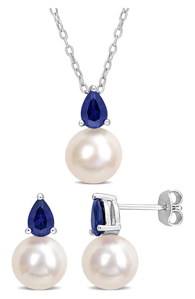 Delmar Cultured Freshwater Pearl & Lab Created Sapphire Necklace & Stud Earrings Set In Blue