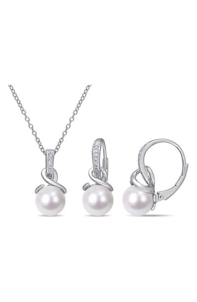 Delmar Cultured Freshwater Pearl & Diamond Necklace & Drop Earrings Set In White