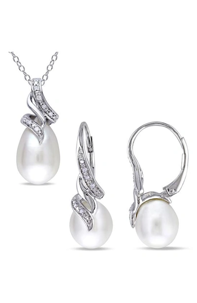 Delmar Cultured Freshwater Pearl & Diamond Necklace & Drop Earrings Set In White