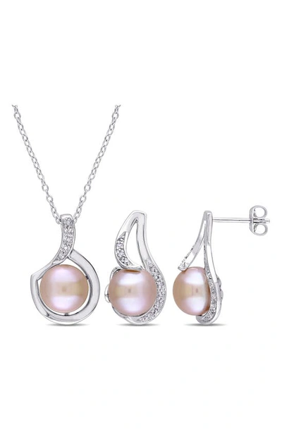 Delmar Cultured Freshwater Pearl & Diamond Necklace & Stud Earrings Set In Pink