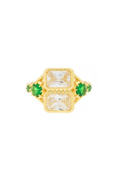 Covet Double Rectangle Cz Statement Ring In Gold/ Green