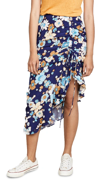 For Love & Lemons Magnolia Shirred Midi Skirt In Midnight Blossom