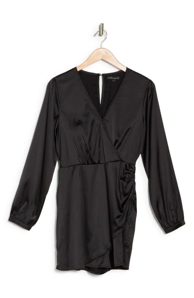 Wishlist Long Sleeve Satin Faux Wrap Dress In Black