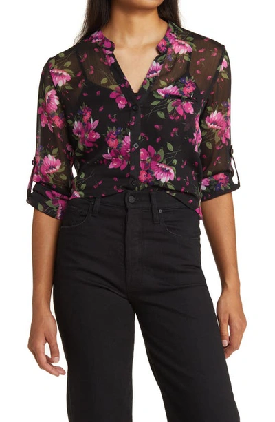 Kut From The Kloth Jasmine Chiffon Button-up Shirt In Chelles Bouquet Black Purple