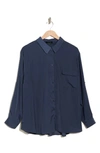 Pleione Satin Long Sleeve Button-up Utility Shirt In Navy