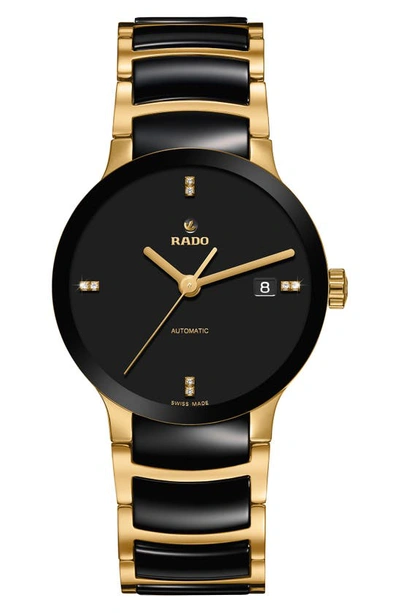 Rado Women's Swiss Automatic Centrix Diamond Accent Black Ceramic & Gold-tone Stainless Steel Bracelet Wa In Black/gold