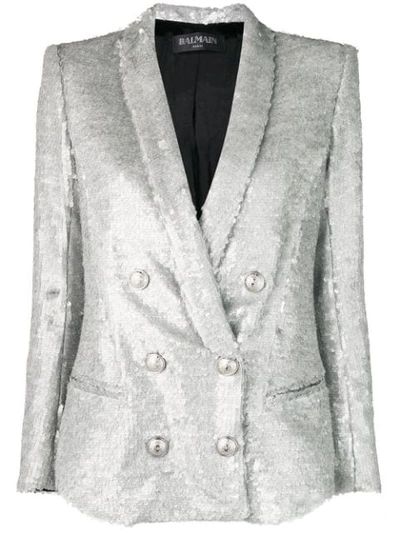 Balmain Longline Double-breasted Sequin Blazer In Silver