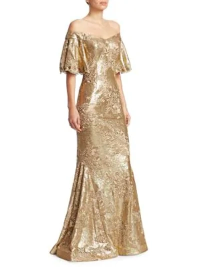 Teri Jon By Rickie Freeman Off-the-shoulder Bell-sleeve Stretch-sequin Evening Gown In Gold
