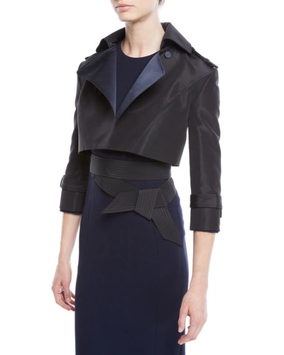 Atelier Caito For Herve Pierre Silk Faille & Satin Duchess Cropped Moto Jacket In Black/blue