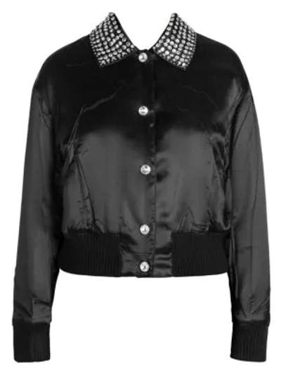 Miu Miu Button-front Crystal-embroidered Sateen Jacket In Black