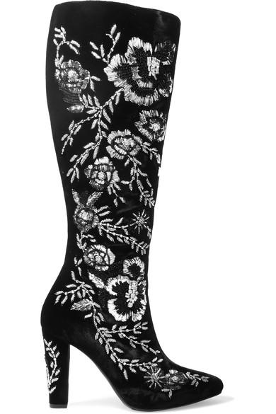 Saint Laurent Lily Embellished Velvet Knee Boots | ModeSens