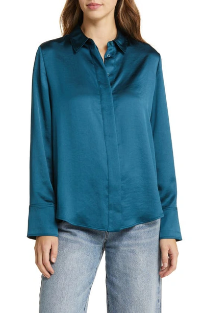 Nordstrom Oversize Satin Button-up Top In Blue Ceramic