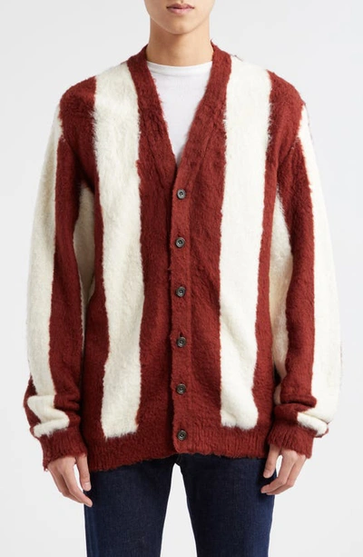 Beams Shaggy Stripe Cotton V-neck Cardigan In Brown 28