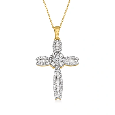 Ross-simons Baguette And Round Diamond Cross Pendant Necklace In 14kt Yellow Gold In Multi
