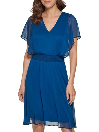 Dkny Womens Cape Sleeve Midi Fit & Flare Dress In Blue