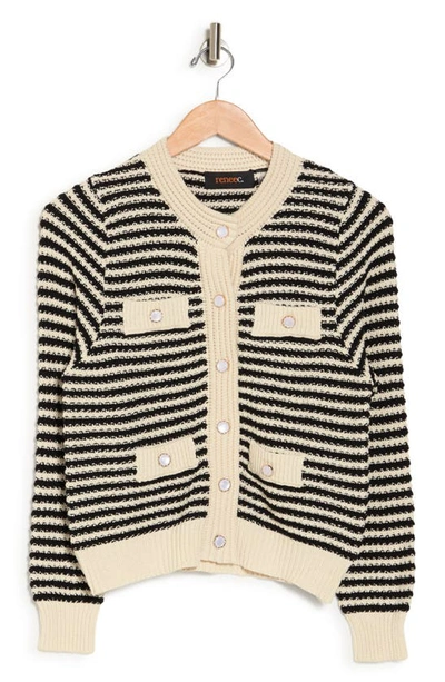 Renee C Stripe Crochet Crop Sweater In Taupe