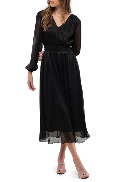 August Sky Plissé Long Sleeve Midi Dress In Black