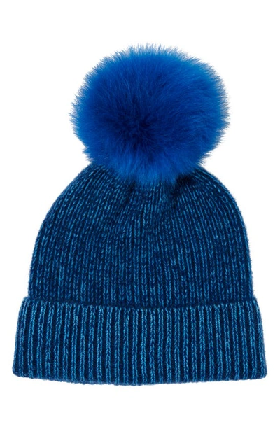 Stewart Of Scotland Two-tone Rib Knit Beanie With Genuine Shearling Pom In Navy/ Bright Blue