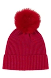 Stewart Of Scotland Two-tone Rib Knit Beanie With Genuine Shearling Pom In Red Pink