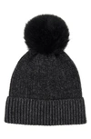 Stewart Of Scotland Two-tone Rib Knit Beanie With Genuine Shearling Pom In Black/ Black