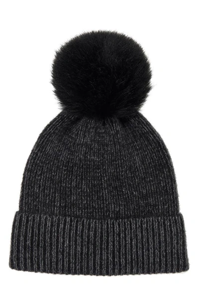 Stewart Of Scotland Two-tone Rib Knit Beanie With Genuine Shearling Pom In Black/ Black