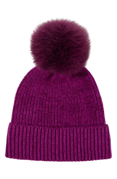 Stewart Of Scotland Two-tone Rib Knit Beanie With Genuine Shearling Pom In Purple Pink