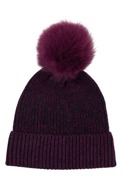 Stewart Of Scotland Two-tone Rib Knit Beanie With Genuine Shearling Pom In Black Bordeaux