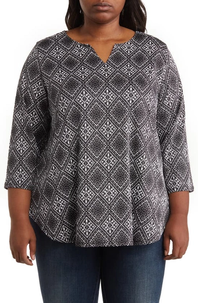 Ruby Rd. Diamond Print Puff Sleeve Pullover In Black / Ivory