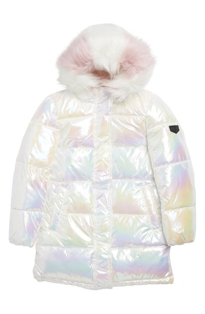 Sam Edelman Kids' Girl's Iridescent Quilted Faux Fur Hooded Puffer Jacket In White