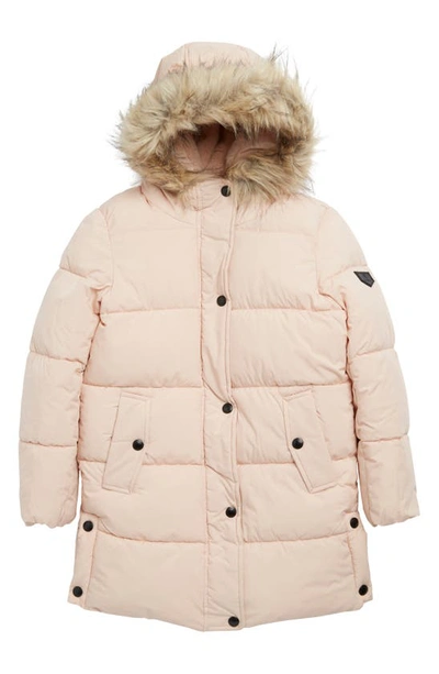 Sam Edelman Kids' Expedition Quilt Longline Puffer Jacket With Faux Fur Trim In Blush