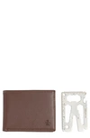 Original Penguin Leather Wallet & Card Tool Set In Tan