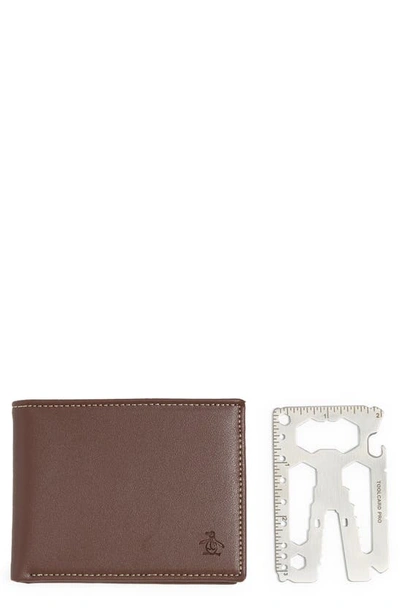 Original Penguin Leather Wallet & Card Tool Set In Tan