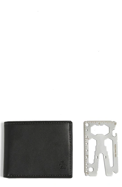 Original Penguin Leather Wallet & Card Tool Set In Black
