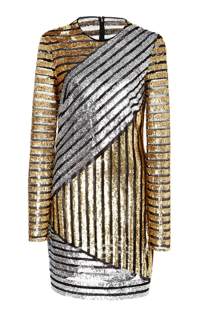 Michael Kors Long-sleeve Sequined Stretch-tulle Mini Cocktail Dress In Black