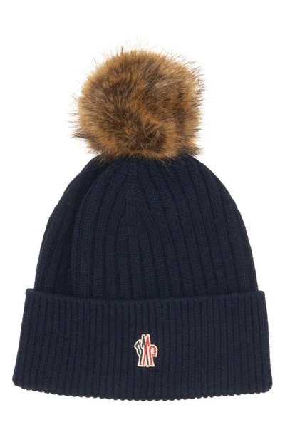 Moncler Cashmere & Wool Rib Beanie With Faux Fur Pompom In Bleu