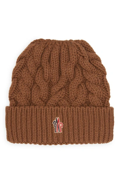 Moncler Logo Embroidered Virgin Wool Cable Beanie In Brown
