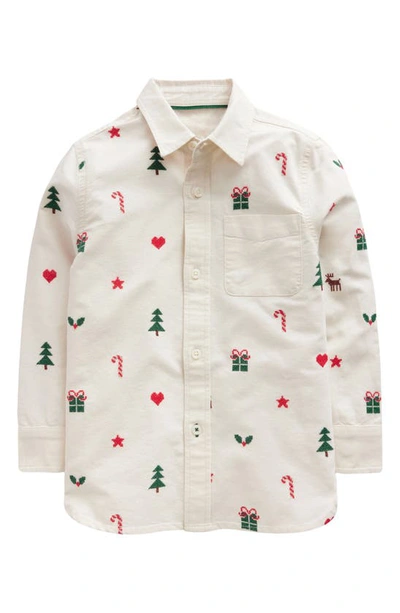 Mini Boden Kids' Holiday Embroidered Cotton Button-up Shirt In Vanilla Pod Christmas