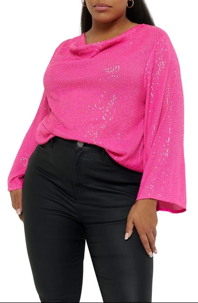 River Island Sequin Cowl Neck Long Sleeve Top In Pink