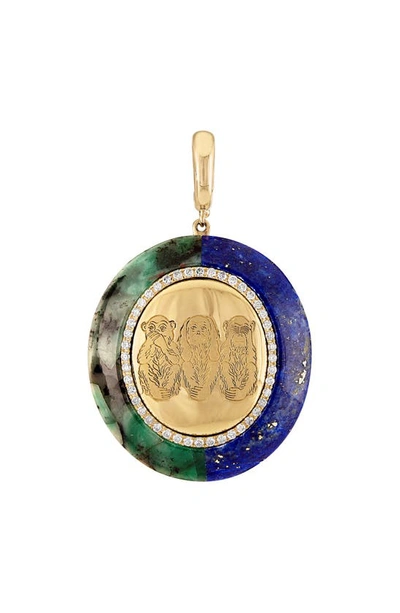 Eden Presley Wise Monkeys Pendant In Lapis/gold