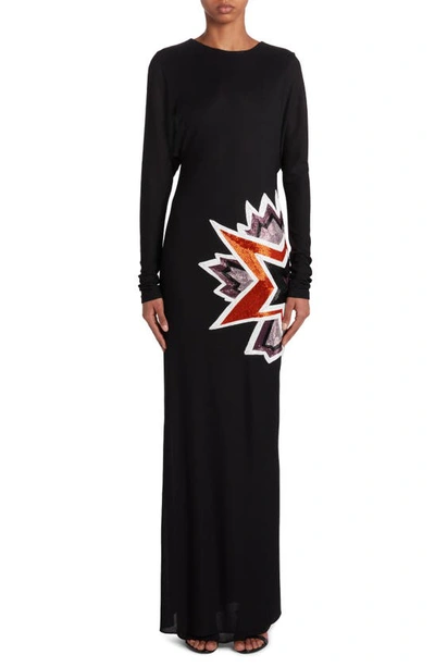 Tom Ford Kapow Beaded Detail Long Sleeve Crepe Gown In Black/ Multicolor