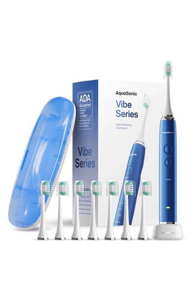 Aquasonic Vibe Series Sapphire Blue Ultrasonic Whitening Toothbrush With 8 Dupont Brush Heads & Travel Case