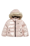 Sam Edelman Kids' Metallic Puffer Jacket With Faux Fur Trim Hood In Pink