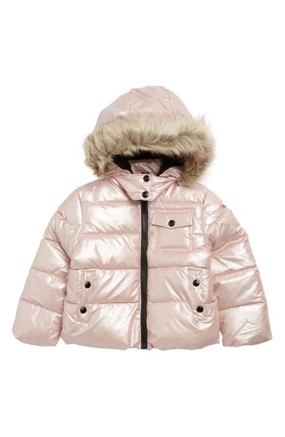 Sam Edelman Kids' Metallic Puffer Jacket With Faux Fur Trim Hood In Pink