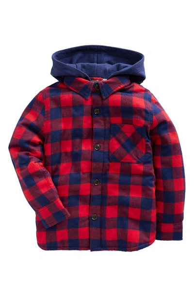 Mini Boden Kids' Hooded Check Fleece Lined Flannel Button-up Shirt In Red / Blue Gingham