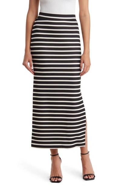 T Tahari Pull-on Scuba Maxi Skirt In Black/ White Stripe