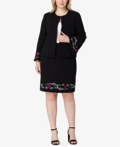 Tahari Asl Plus Size Embroidered Skirt Suit In Black /fuschia
